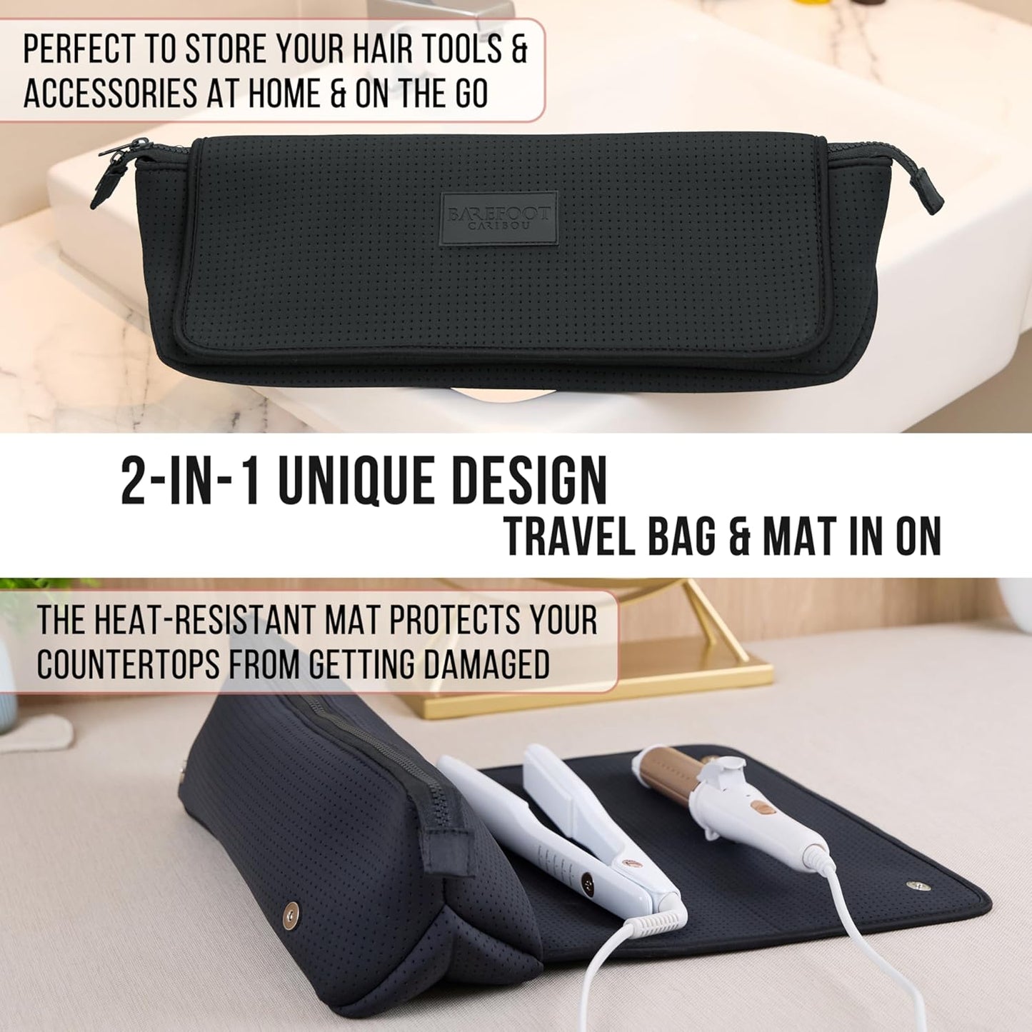 BAREFOOT CARIBOU Hair Tools Travel Bag and Heat Resistant Mat for Flat Irons, Straighteners, Curling Iron, and Haircare Accessories, 2-in-1 design, with Interior Pockets, Portable Organizer