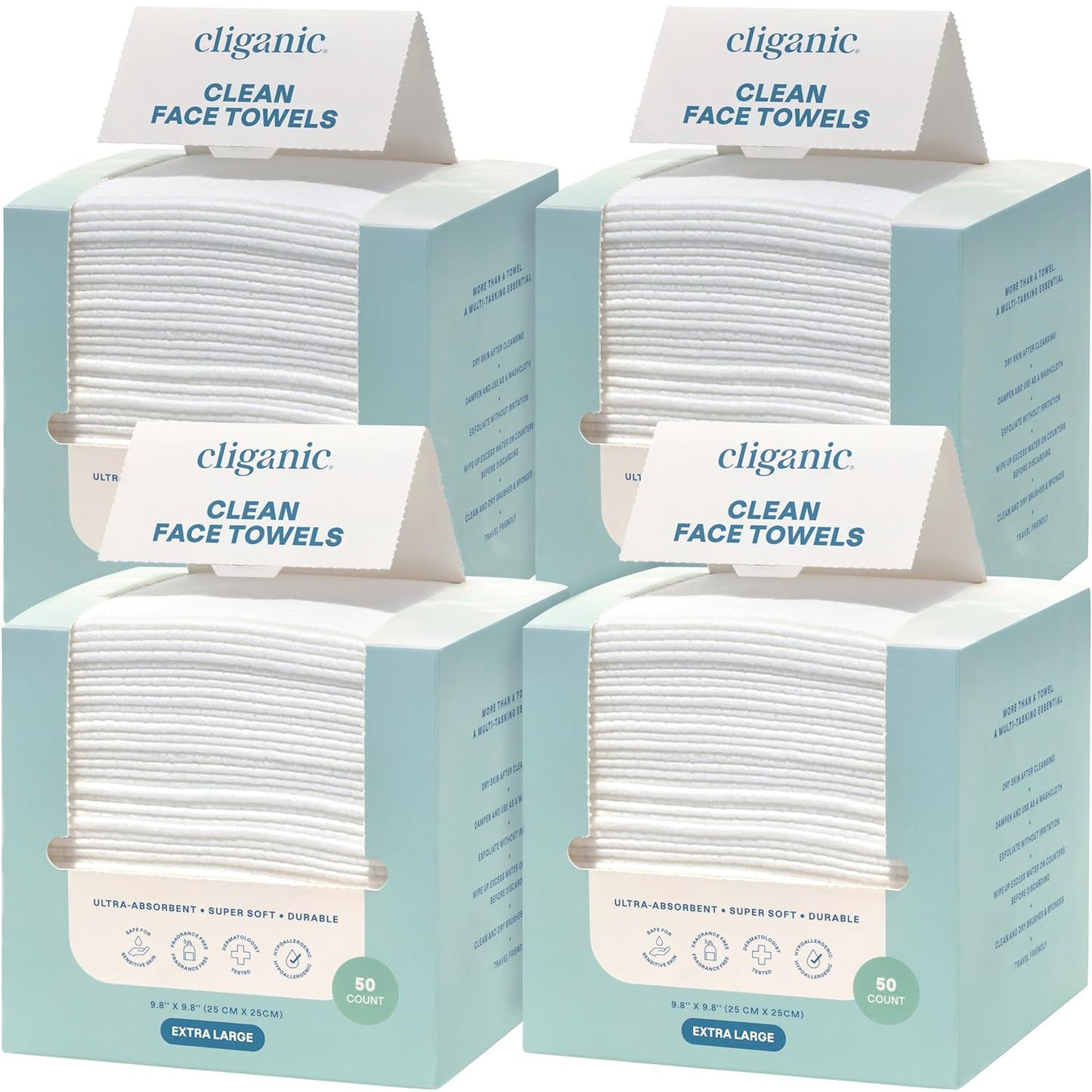 Cliganic Clean Face Towels XL, Bulk Size (200 Count), Disposable, Ultra-Absorbent, Hypoallergenic & Soft - Makeup Remover Dry Wipes, Pamper Your Face, Hygienic Towelettes, for All Skin Types