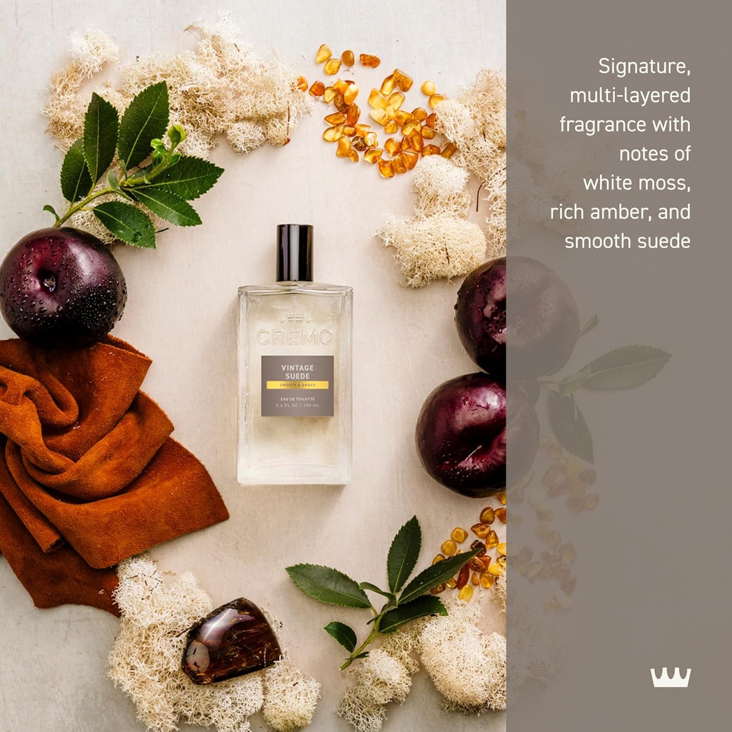 Cremo Cologne For Men - Vintage Suede Mens Cologne Spray, A Combination of White Moss, Rich Amber, and Smooth Suede, Multi-Layered Signature Men's Fragrances, 3.4 Fl Oz