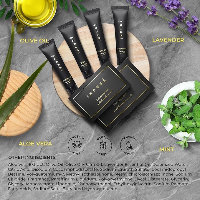 Infuse Black Amenity & Accessory Kit | 1 oz Travel Size Shampoo, Conditioner, Lotion, Body Wash, Body Bar, 2 Cleansing Bar, Shave & Dental Sets, Make-Up Remover Wipes, & Vanity Kit | 60 sets per case