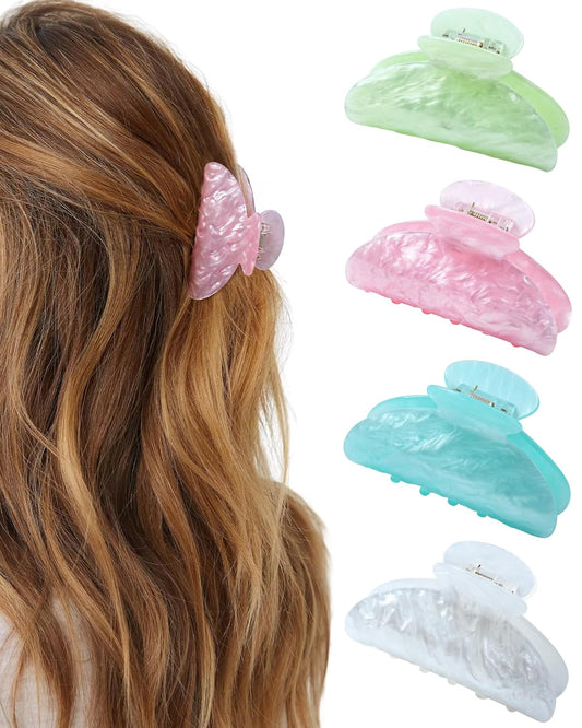 ACECHA 4 Pack Acrylic Hair Claw Clips for Women, 3.1" Shiny Nonslip Hair Grip Hairclips for Thin and Thick, Banana Barrettes Hair Clups Strong Hold Hair Accessories (White, Pink, Green, Light Green)