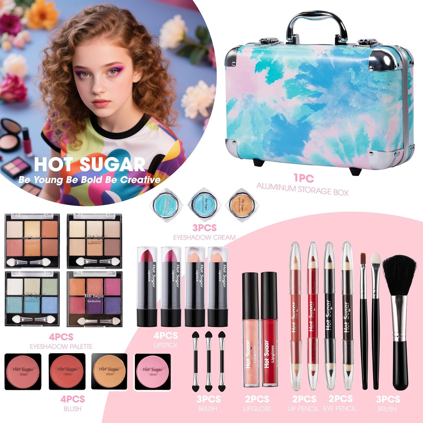 Hot Sugar All In One Makeup Set for Adults and Girls-Full Makeup Kit for Beginners Includes Eye Shadow Palette Blush Lip Gloss Lipstick Lip Pencil Eye Pencil Brush Mirror (Blue Tie-Dye)