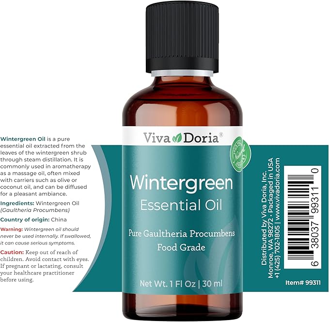 Viva Doria Wintergreen Essential Oil, 100% Pure, Natural Essential Oil, Undiluted, for Aromatherapy | Food Grade, 30 ml (1 Fluid Ounce)