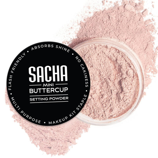 Sacha BUTTERCUP Rosé Mini Setting Powder. No Ashy Flashback. Blurs Fine Lines and Pores. Loose, Translucent Face Powder to Set Makeup Foundation or Concealer. For All Skin Tones, 0.35 oz.