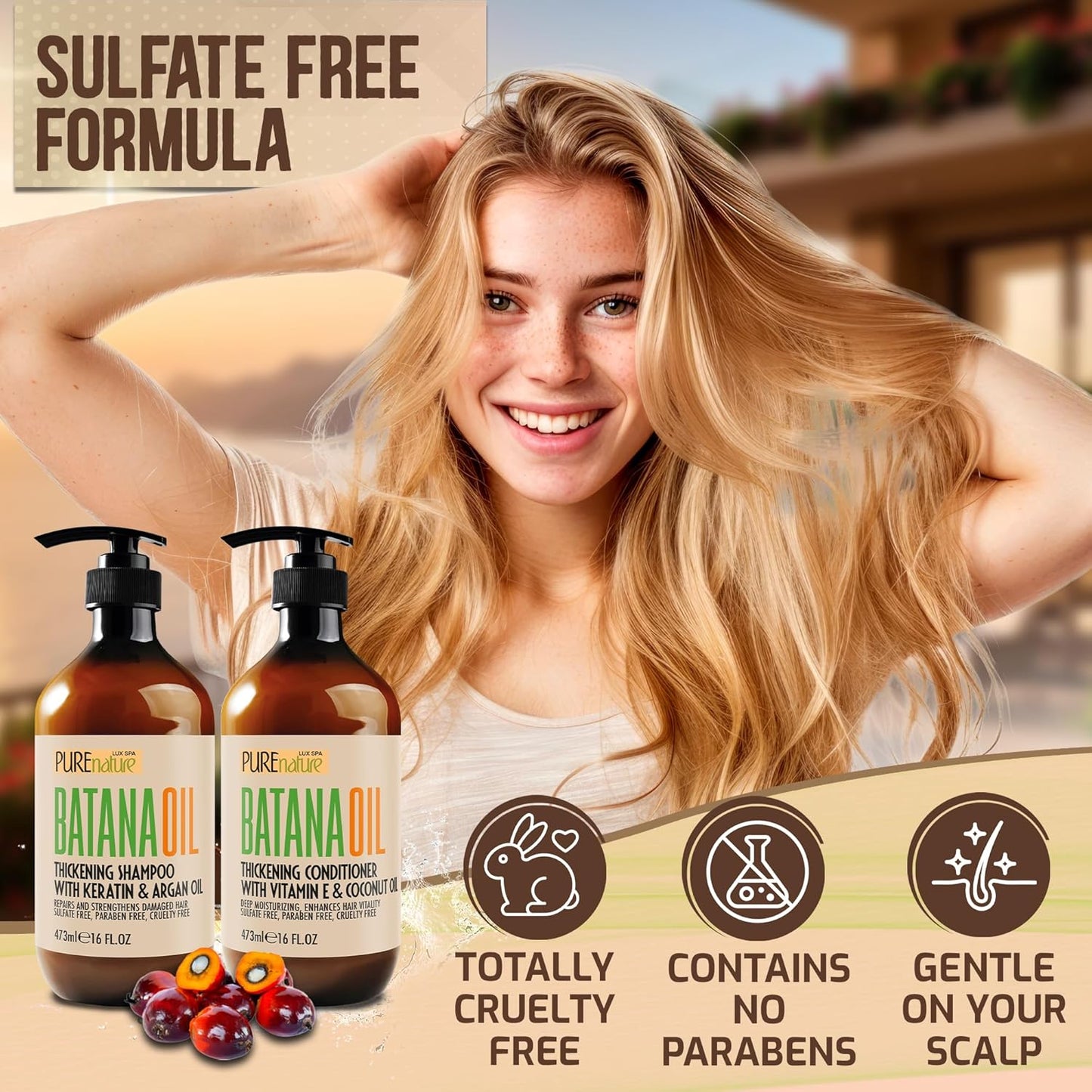 Batana Oil Shampoo and Conditioner Set - Thickening, Sulfate Free Formula for Women and Men - Volumizing, Moisturizing, Professional Salon Care Products for Fine, Thinning Hair - 16 Fl Oz (Pack of 2)