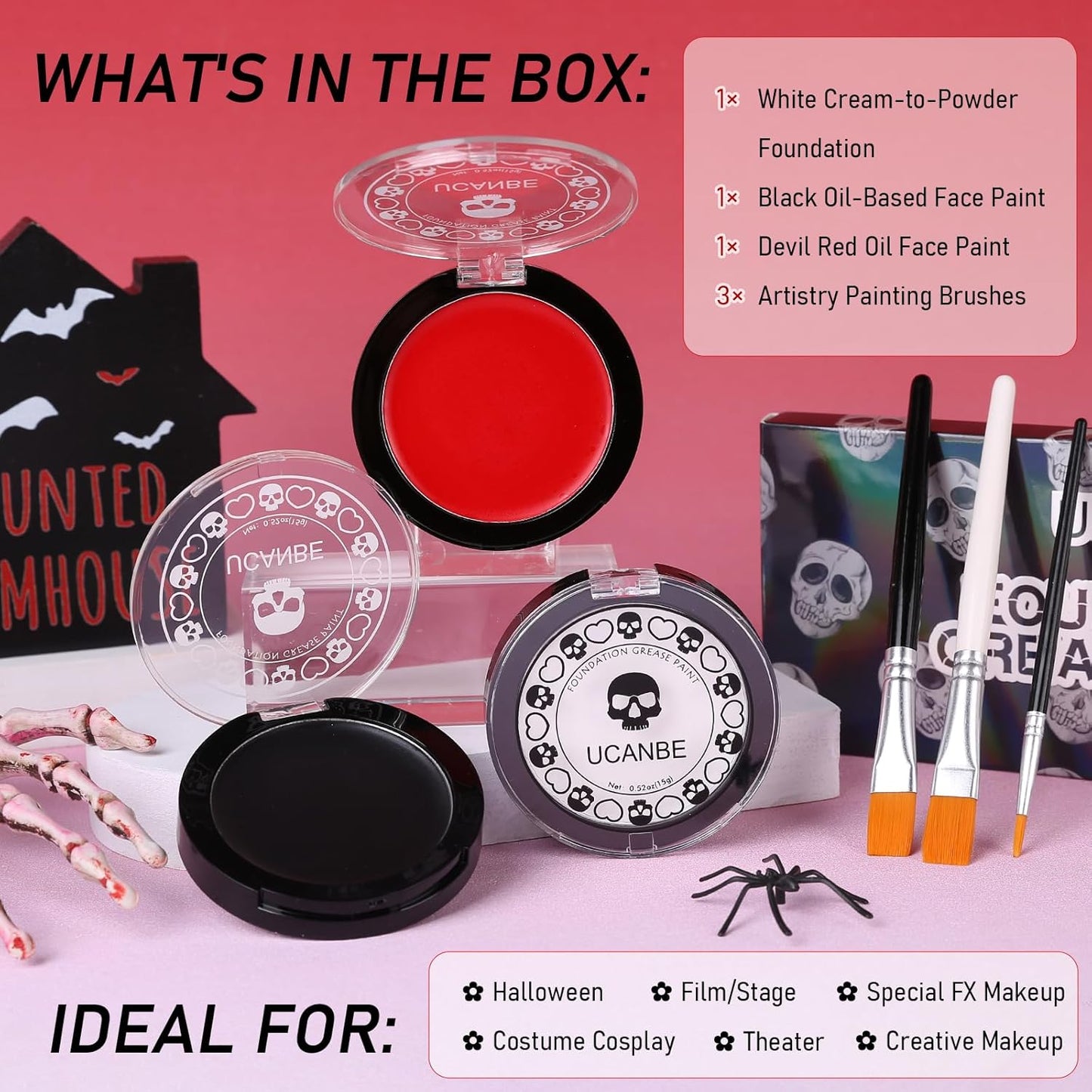 Goth White Foundation + Black Red Face Body Paint for Halloween Makeup, Face Painting Kit with Brushes Facepaint Set for Kids Adults Clown Vampire Skull SFX Make Up Costume Cosplay Party Theater Stage