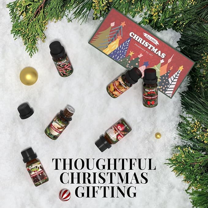 SALKING Christmas Fragrance Oils, Premium Essential Oil for Diffuser, Scented Oil Gift Set for Soap Candle Making - Christmas Wreath, Apple Cinnamon, Gingerbread, Candy Cane, Christmas Pudding, Eggnog