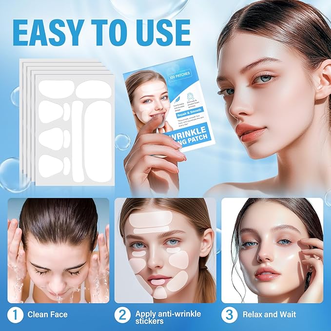 Facial Wrinkle Patches,Anti Wrinkle Patches,Smile Line Patches to Smooth Eye, Mouth and Forehead Wrinkles,100PCS