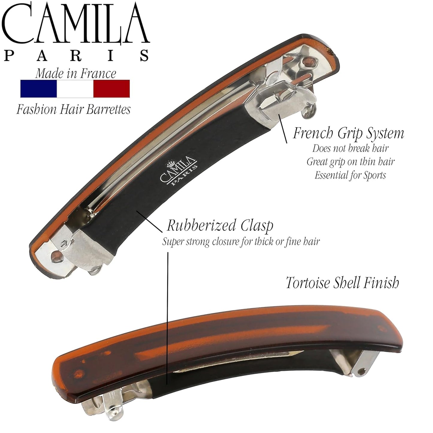 Camila Paris CP3557 French Hair Barrette Clip for Girls, Tortoise Shell, Automatic Metal Clasp Strong Hold Grip Hair Clips for Women, No Slip Durable Styling Girls Hair Accessories, Made in France