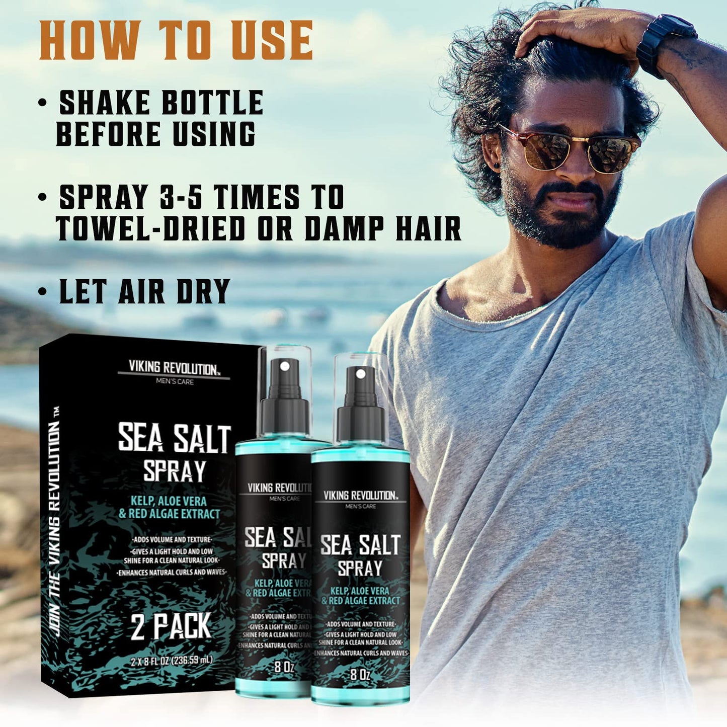 Viking Revolution Sea Salt Spray for Hair Men - Hair Texturizing Sprays with Kelp, Aloe Vera & Red Algae Extract - Surf Sprays to Add Volume and Texture- Sea Salt for Men Beach Hair Spray (2 pack)