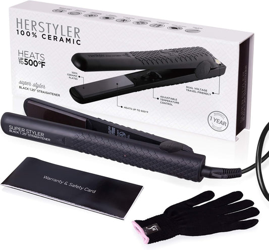 Herstyler Superstyler Onyx Ceramic Flat Iron - Ceramic Hair Straightener with Adjustable Temperature - Travel-Friendly Dual Voltage Flat Iron