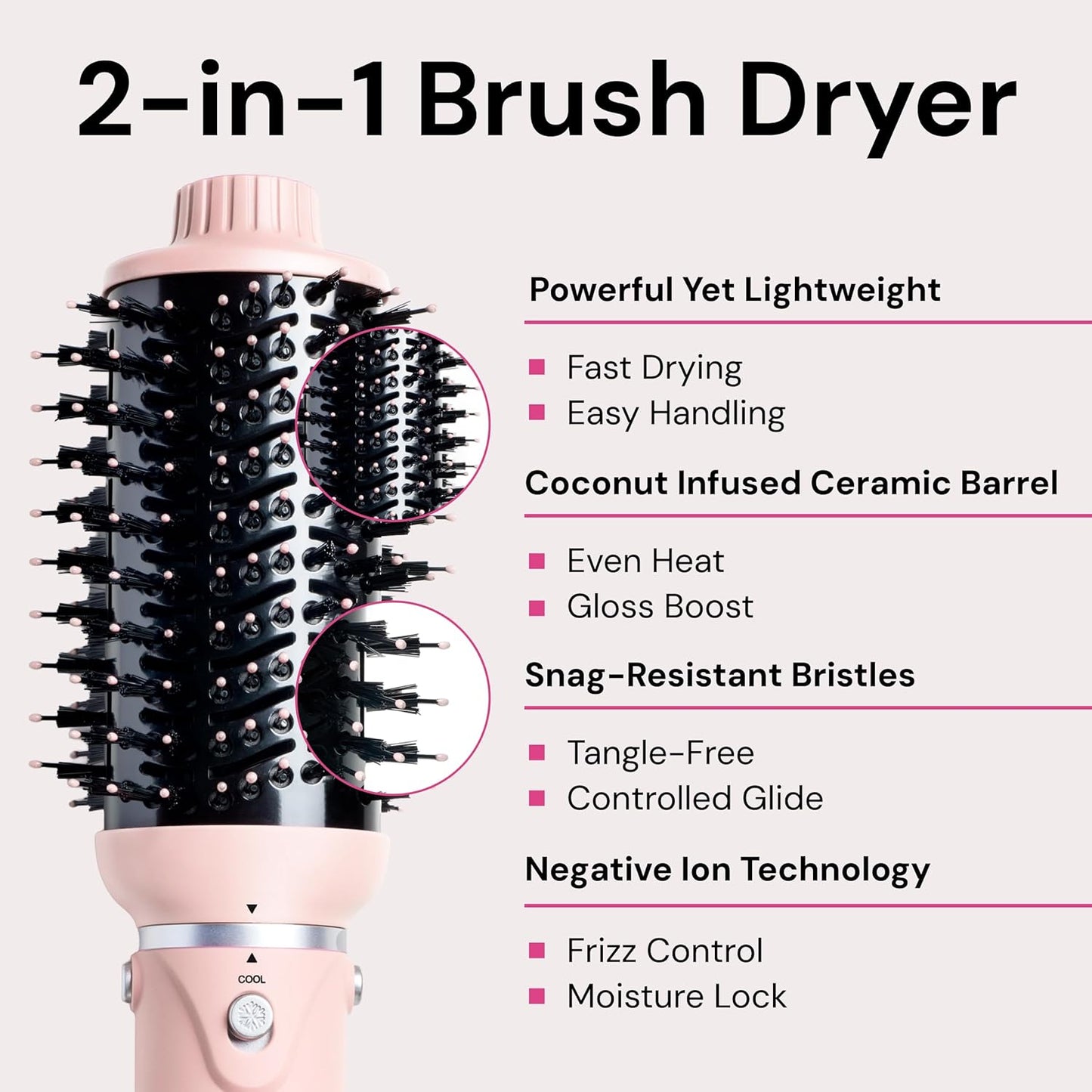 L'ANGE HAIR VolumeBoost 60mm 2-in-1 Ceramic Volumizing Brush Dryer | Fast Drying & Styling for Frizz-Free, Voluminous Blowouts | Ceramic-Coated Barrel (Blush)