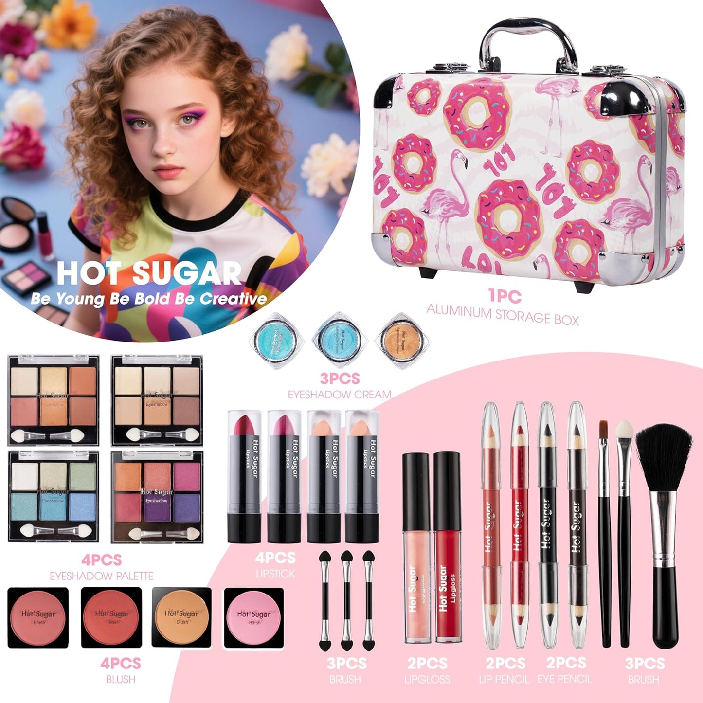 Hot Sugar All In One Makeup Set for Adults and Girls-Full Makeup Kit for Beginners Includes Eye Shadow Palette Blush Lip Gloss Lipstick Lip Pencil Eye Pencil Brush Mirror (Doughnut)