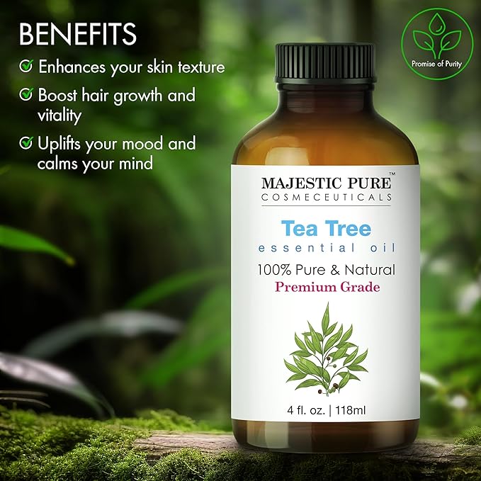 MAJESTIC PURE Tea Tree Essential Oil with Glass Dropper | 100% Pure and Natural Tea Tree Oil | Premium Grade Essential Oils for Diffusers, Skin, Aromatherapy, Massage | 4 Fl Oz