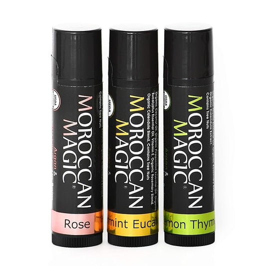 Moroccan Magic Organic Lip Balm Variety Pack Gift Set | Natural Argan and Essential Oils | Quality Smooth Application | Non-Toxic Cruelty Free | Rose, Peppermint Eucalyptus, Lemon Thyme | 3 Pack
