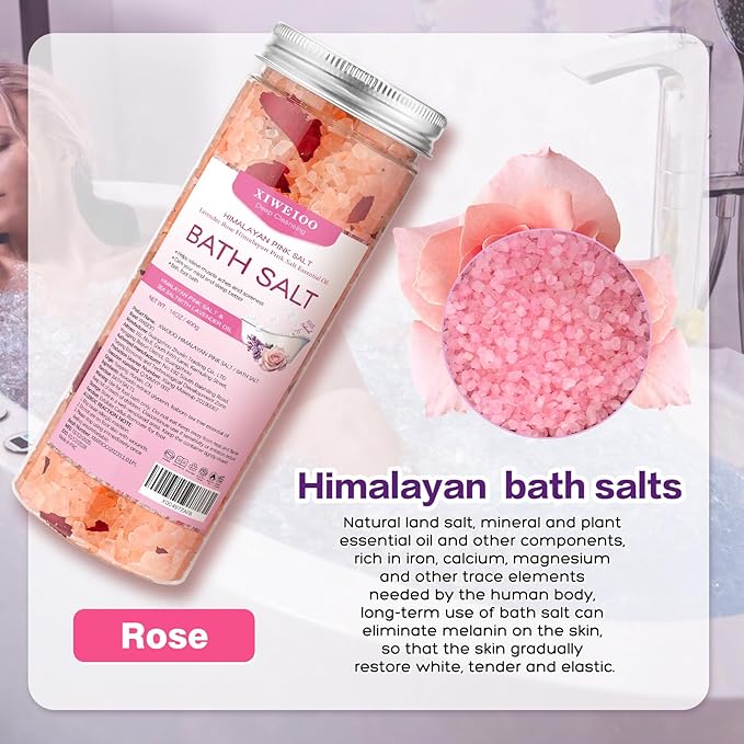 Bath Salts Set -56 oz, Pack of 4 Natural Epsom Salt for Soaking Rose Salts kit - Essential Oils Relaxes and Better Sleep Himalayan Pink Salt Foot Soak Tea Tree Oil for Women