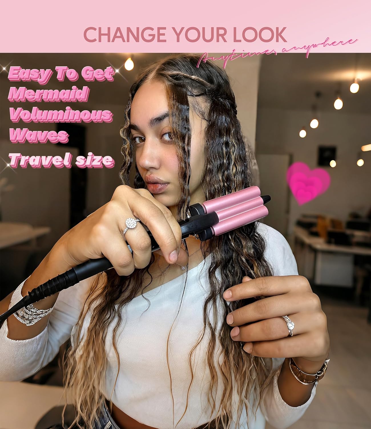 FARERY Mini Hair Crimper Hair Waver 3 Temperature Adjustable, 3 Barrel Curling Iron for Short Hair, Hair Crimper for Women Beach Waves, 1/2 Inch for Tight Curls, Travel Size, Dual Voltage, Pouch Bag