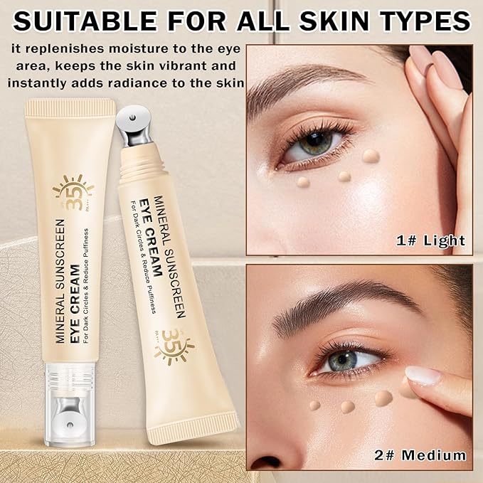 Mineral Sunscreen Eye Cream,3-in-1 Under Eye Cream,for Puffiness and Bags Under Eyes,Dark Circle and Wrinkles,Anti Aging,Under Eye Brightener and Concealer,SPF 35 （Light）