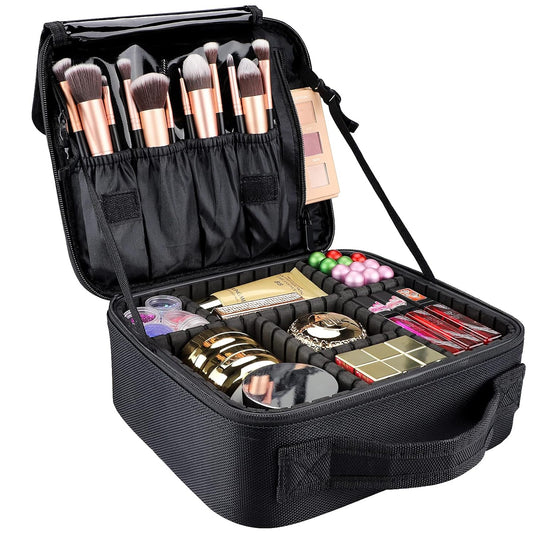 gzcz Travel Makeup Bag,Portable Makeup Case for Women,Professional Cosmetic Train Case Organizer Artist Storage Bag With Adjustable Dividers Brushes Toiletry Jewelry Digital Accessories