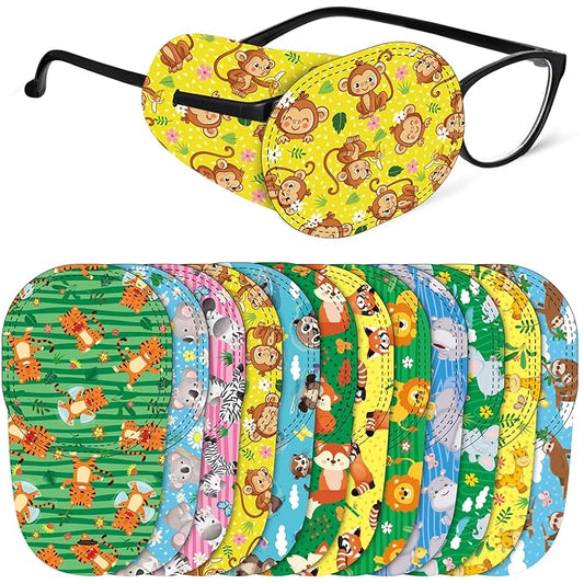Newcotte 12 Pcs Eye Patch for Kids Toddler Reusable Adjustable Girls Boys Eyepatch for Glasses Left or Right Eye Patch, Assorted Patterns(Jungle Animal)