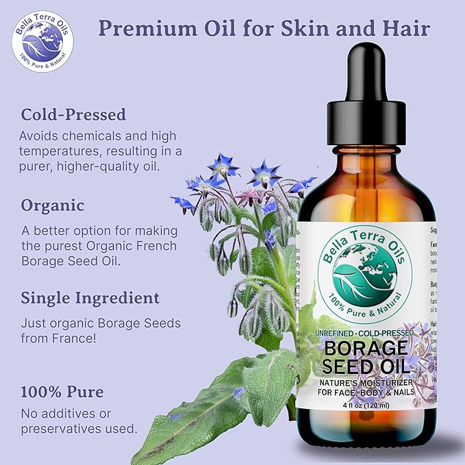 Bella Terra Oils - Organic Borage Seed Oil 2 oz - Cold-Pressed Excellence, Rich in Gamma-Linolenic Acid (GLA), Vitamins & Minerals, Ideal Nourishing Elixir for Skin