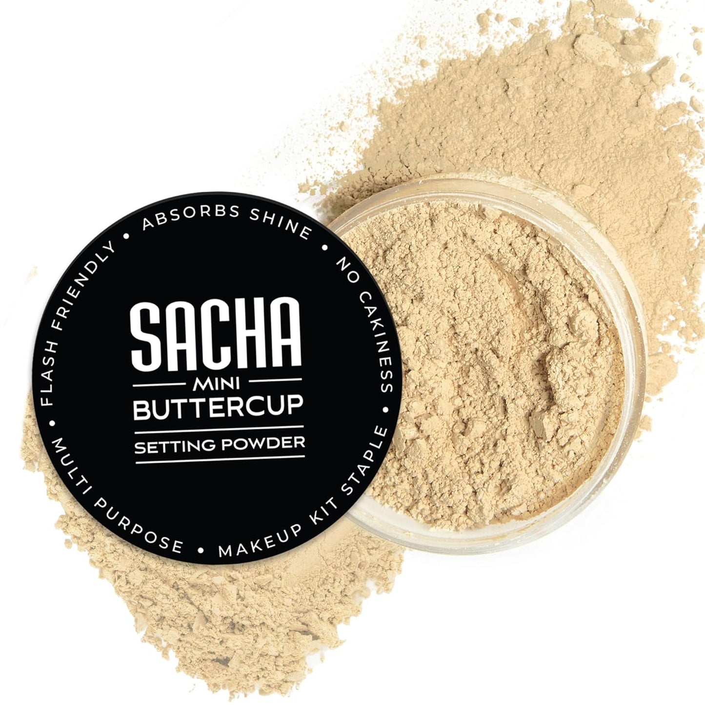 Sacha BUTTERCUP Light Mini Setting Powder. No Ashy Flashback. Blurs Fine Lines and Pores. Loose, Translucent Face Powder to Set Makeup Foundation or Concealer. For Light to Medium Skin Tones, 0.35 oz.