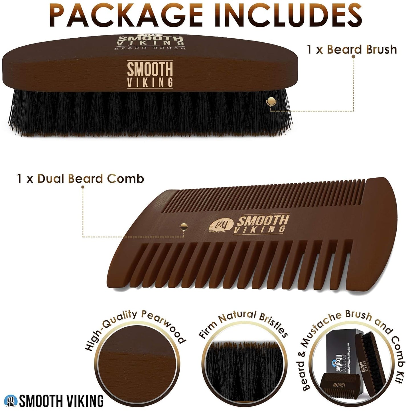 Smooth Viking Beard Brush & Comb Gift Set for Men - Natural Boar Bristle Hair Brush & Wooden Comb, Boar Brush for Facial Hair Styling, Grooming & Beard Shaping Tool, Men Hair Products - Brown