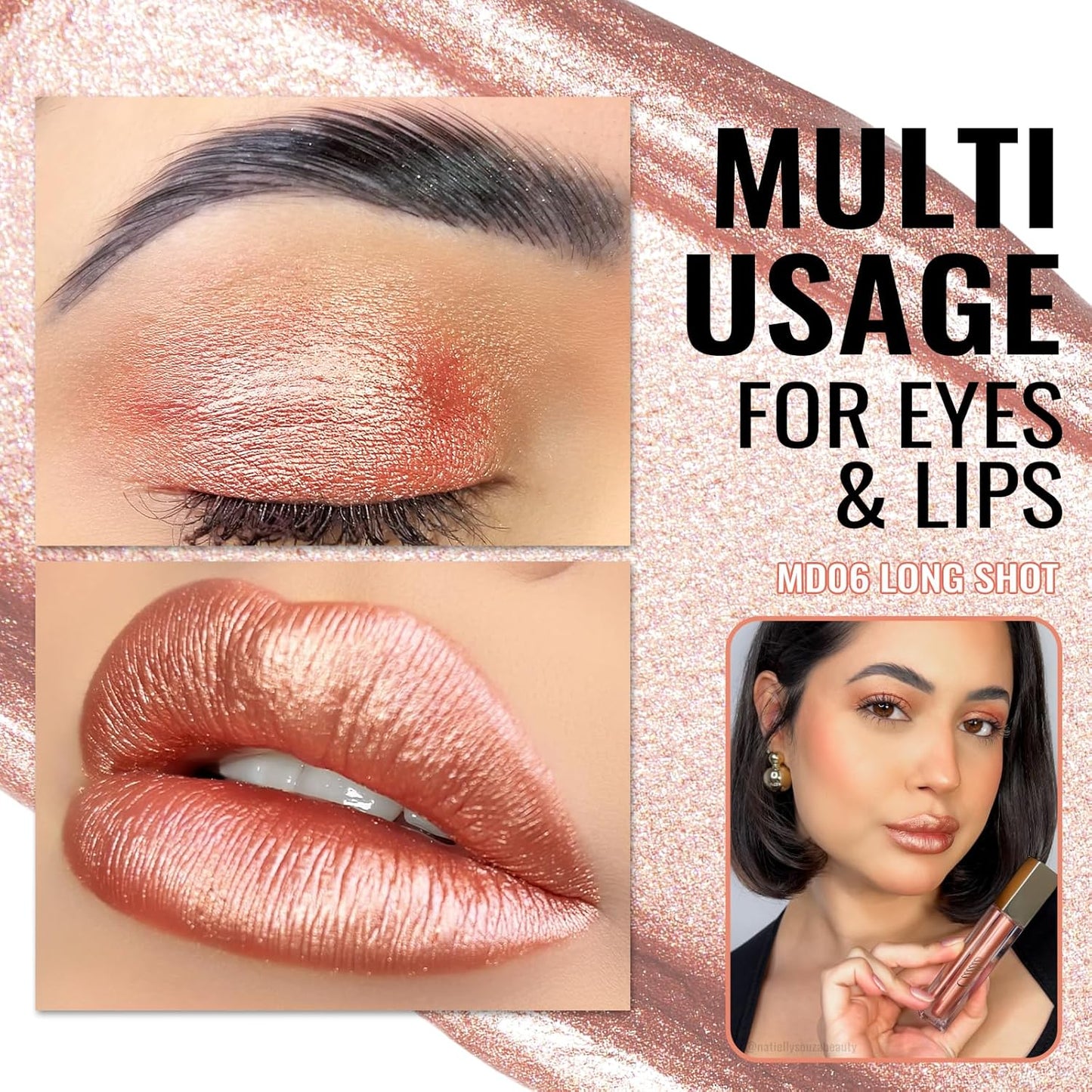 Oulac Bronzy Pink Lip Gloss Metallic Shine Lipstick for Women, Dual Use for Lips & Eyeshadow,Long Lasting Waterproof, High Impact Lip Color, 3D Metallic Finish, No Transfer, Vegan MD06