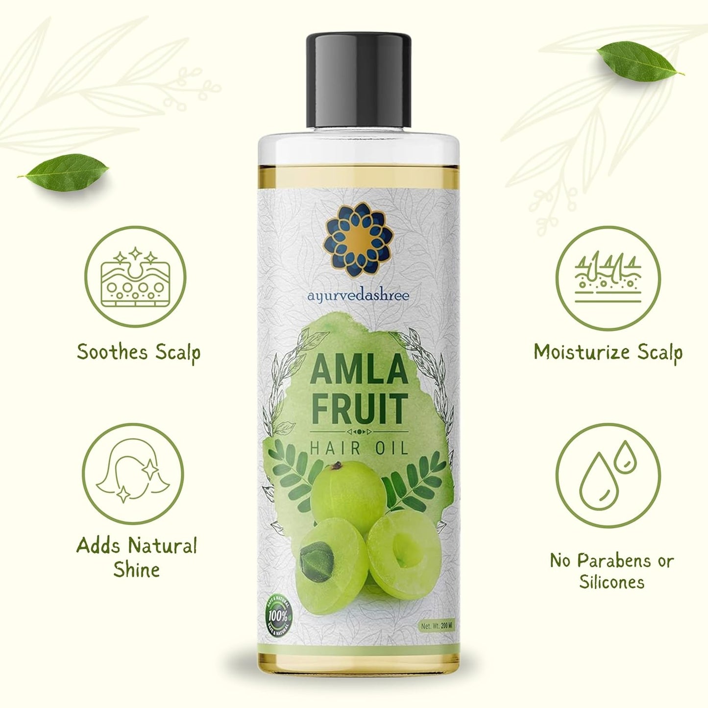 Amla Oil for Hair Growth with Bhringraj, Brahmi, Tulsi, Almond, Argan, Moringa & Clove Oils - 6.76 fl oz