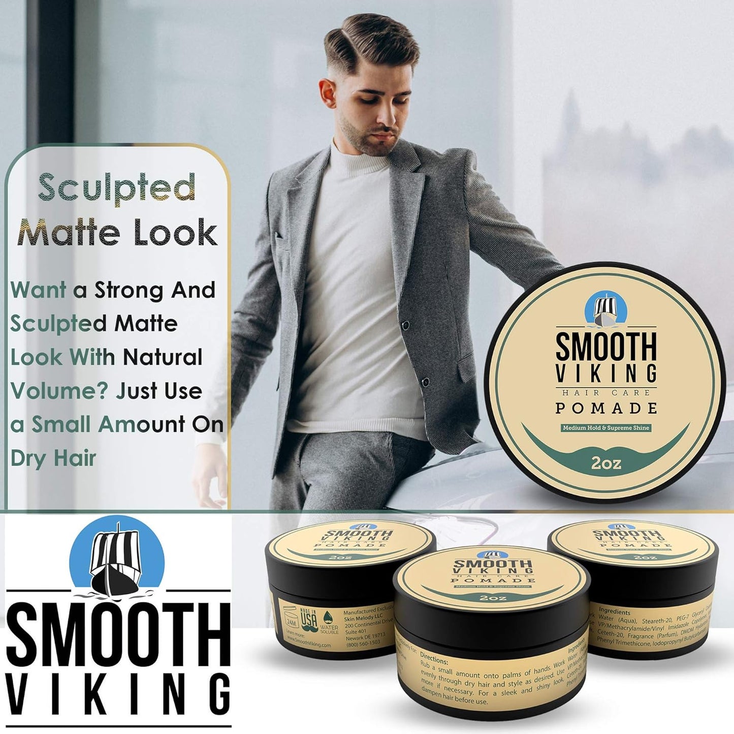 Smooth Viking Medium Hold & High Shine Pomade - Water Based Hair Cream for Curly, Thick & Straight Hair - Men's Hair Product - Made in USA, 2oz