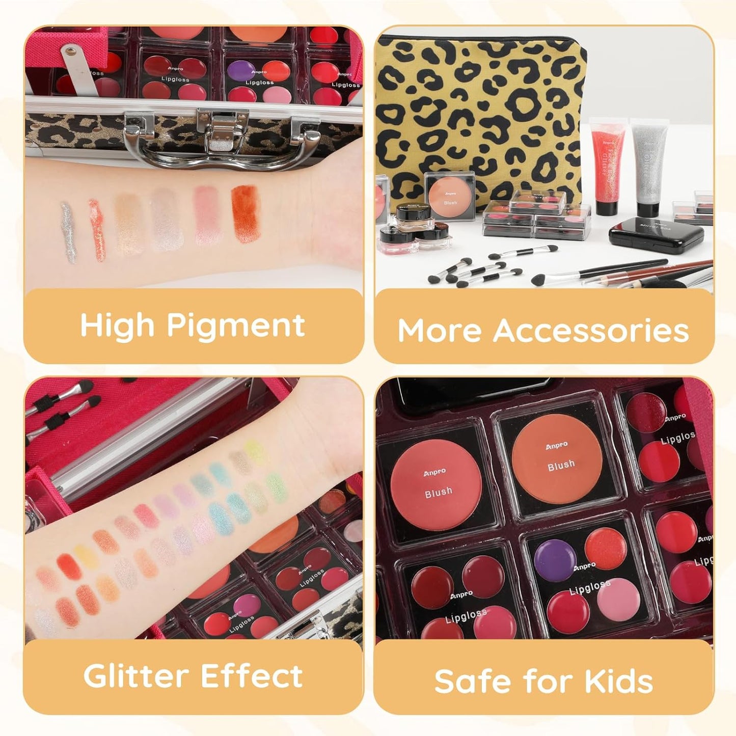 Anpro All-In-One Leopord Double Folding Makeup Carry Case with Pro Teen Makeup Set, Full Starter Kit with Makeup Brushes, Lipsticks, Eyeshadow Palette, Blushes, Glitter Gel, Ideal Present for Girls