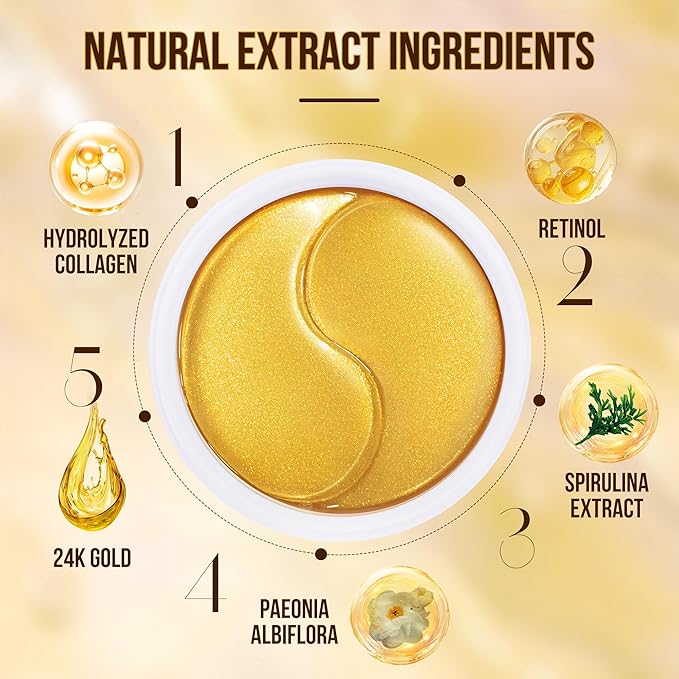 GEMERRY Under Eye Patches 60 Pcs - 24K Gold Under Eye Patches for Puffy eyes, Dark Circles, and Smooth Wrinkles, Perfect Gifts for Women Gentle Formula Self Care Under Eye Mask Rejuvenating Treatment
