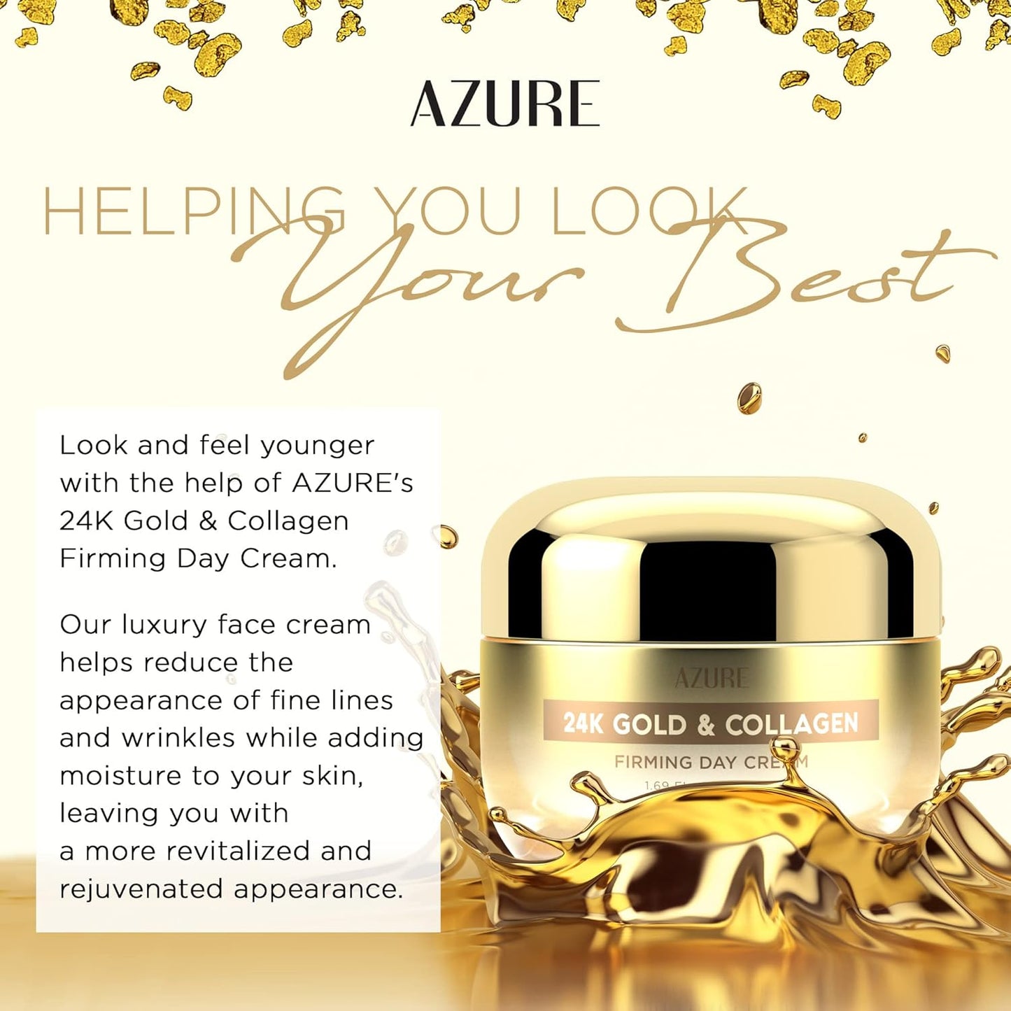 Azure Cosmetics 24K Gold & Collagen Face Moisturizer - Dermatologist Tested, Anti-Aging Face Cream - Skin Tightening, Fine Lines and Wrinkles Treatment - Korean Skin Care - All Skin Type - 1.69 fl oz