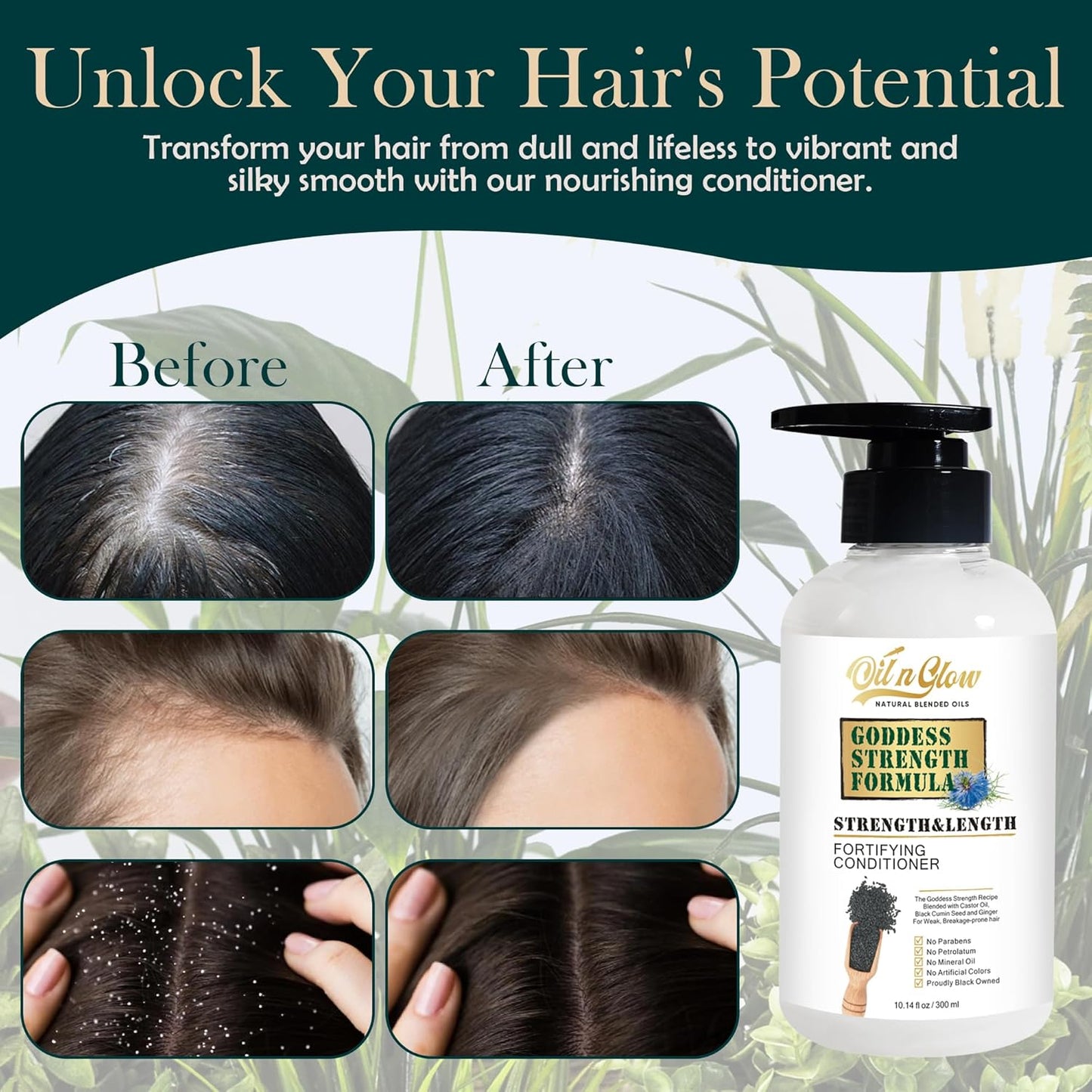 USDA Certified Natural Hair Growth Conditioner: Black Cumin Seeds, Ginger, Castor Oil Strengthening & Moisturizing Conditioner for Thinning, Damaged, Dry Hair - Fragrance Free 10 Fl Oz