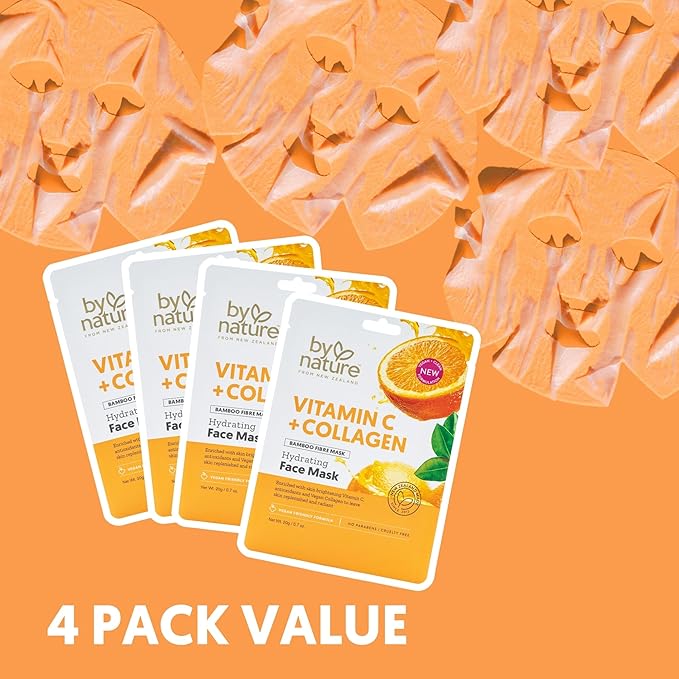 By Nature Hydrating Face Masks with Vitamin C + Collagen, Made From Bamboo Fiber from New Zealand (4 Pack)