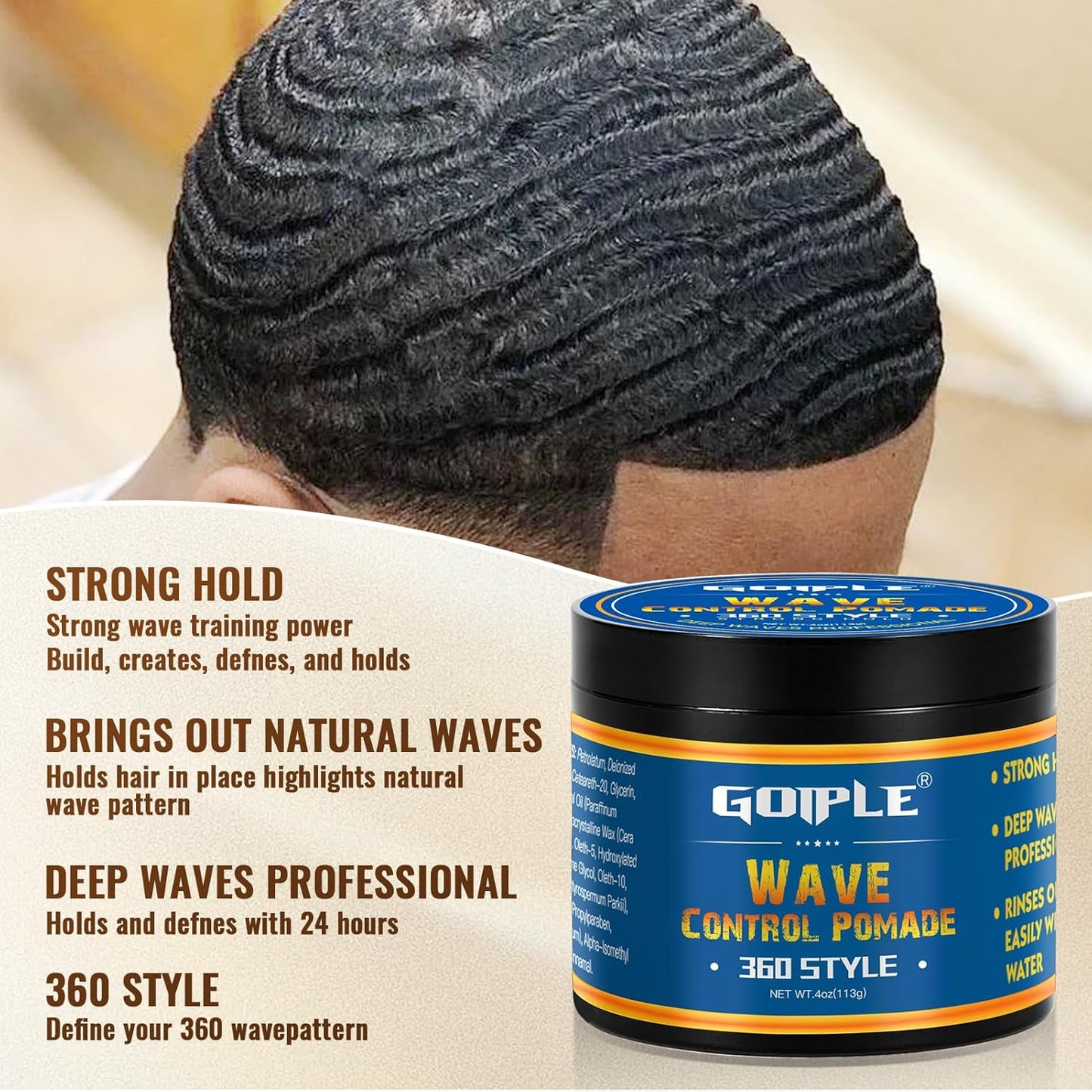 Wave Pomade 360 Greasy Pomade Wave Styler Brush Great for Wolfing, Boar Bristle Beard & Wave Brush for Barbers & Daily Use, Styling Set for Men 360 Easy Wash 360 Wave Training Hair Cream