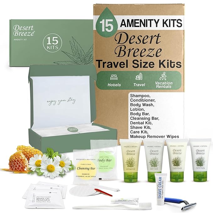 Desert Breeze Amenity & Accessory Kit | 1 oz Travel Size Shampoo, Conditioner, Lotion, Body Wash, Body Bar, Cleansing Bar, Shave & Dental Sets, Make-Up Remover Wipes, & Vanity Kit | 15 sets per case