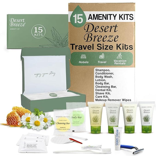 Desert Breeze Amenity & Accessory Kit | 1 oz Travel Size Shampoo, Conditioner, Lotion, Body Wash, Body Bar, Cleansing Bar, Shave & Dental Sets, Make-Up Remover Wipes, & Vanity Kit | 15 sets per case