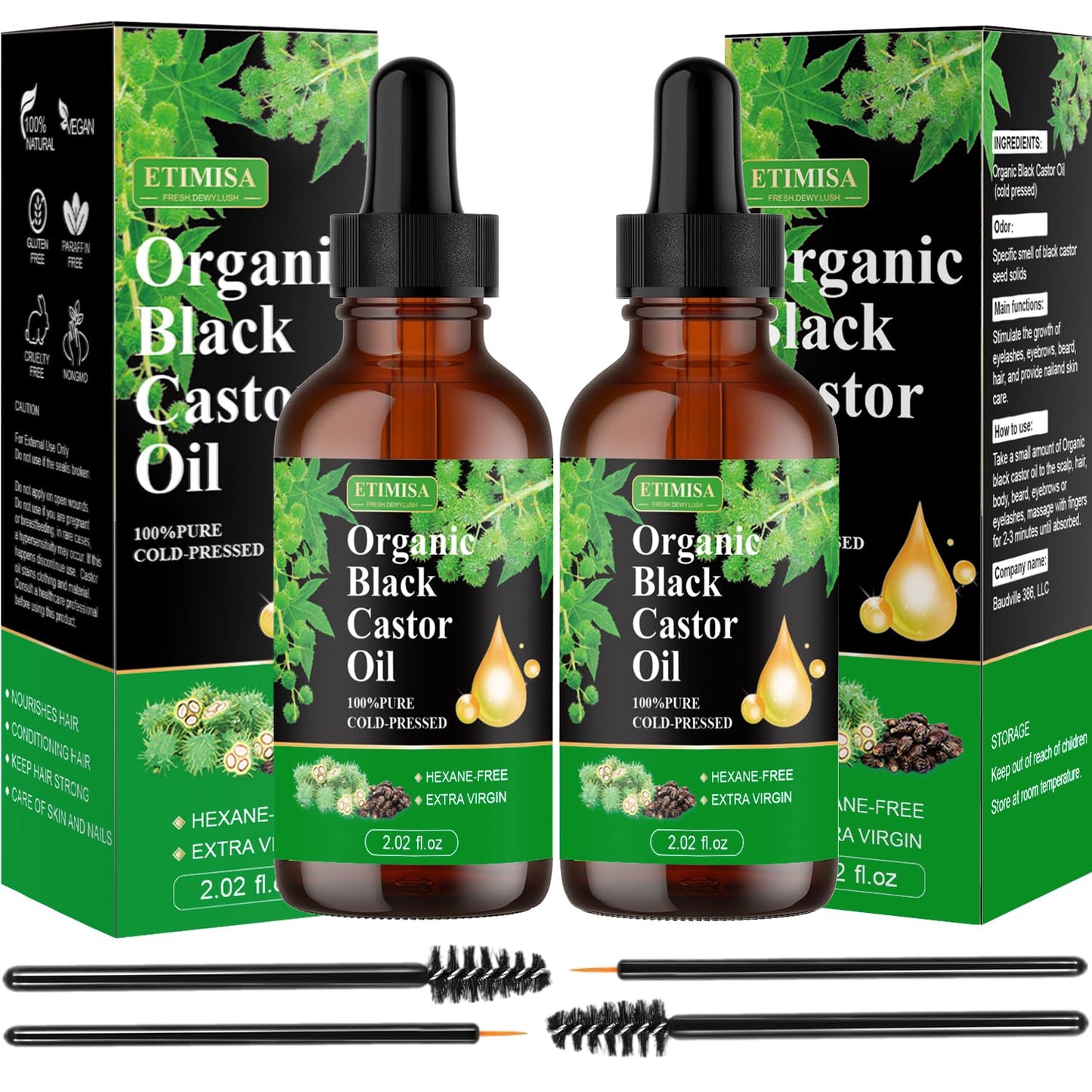 Hair Oil, Black Castor, 100% Pure Natural Organic, Cold Pressed, Hair Growth, Eyebrow & Skin Care, Body & Carrier Oil, 4.04 Fl Oz, 2 Glass Bottles