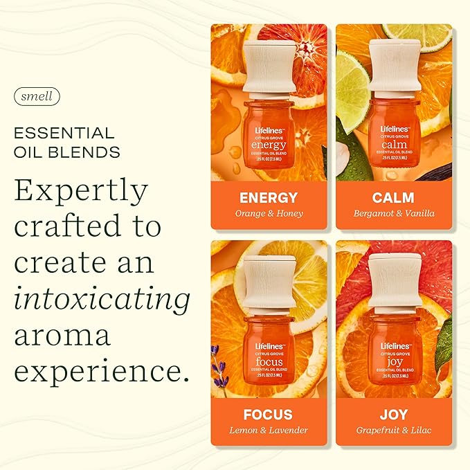 Lifelines Essential Oil Blends, 4-Pack - Blended Essential Oils with Precision Pump for Aromatherapy Diffusers - Long-Lasting Scented Fragrance - Citrus Grove (Joy, Calm, Focus & Energy)