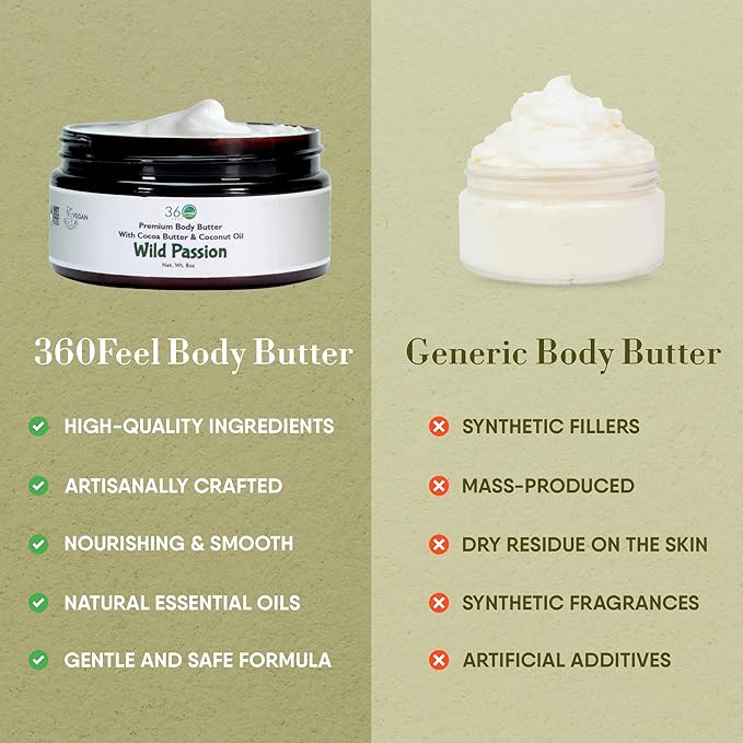 360Feel Wild Passion Body Butter - Nourishing and Hydrating Shea Body Butter with a Gentle Formula - Handmade with Essential Oils - Creamy Formula for Daily Use - Zero Harsh Additives - 8 Ounce