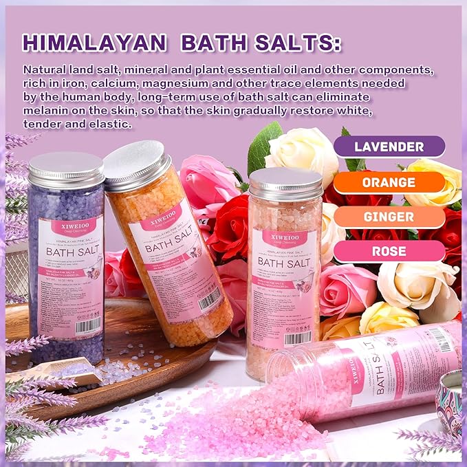 Bath Salt 4 Pack Kit 56 OZ Himalayan Pink Salt Foot Soak Lavender Orange Rose Scent Tea Tree Oil Epsom Salt Bubble Bath for Women Dead Sea Salt Moisturizing Skin Softens Calluses