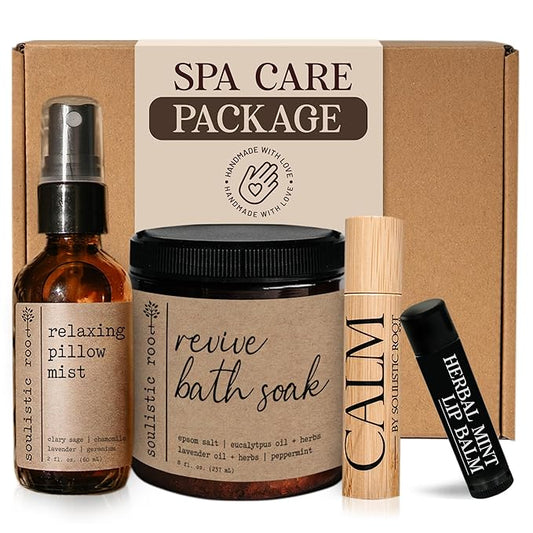 Spa Kit for Women – Relaxing Self Care Gift Set with Lavender Pillow Spray, Mint Lip Balm, Calm Essential Oil Roller & Epsom Salt Bath Soak – Luxury Pampering Package for Home & Bath