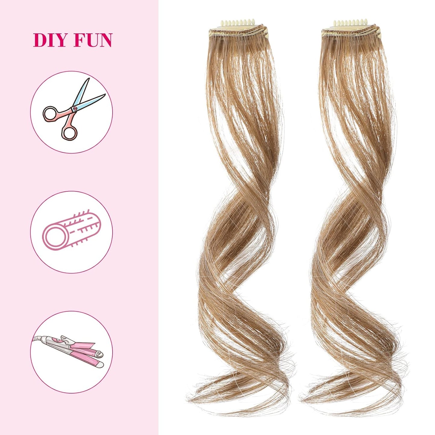 REECHO Side Air Bangs, 12 inch Long Wavy Curly Clip in Bangs Front Side Bangs for Women Daily Use 2 PCS Set Long Temples (Dark Blonde)