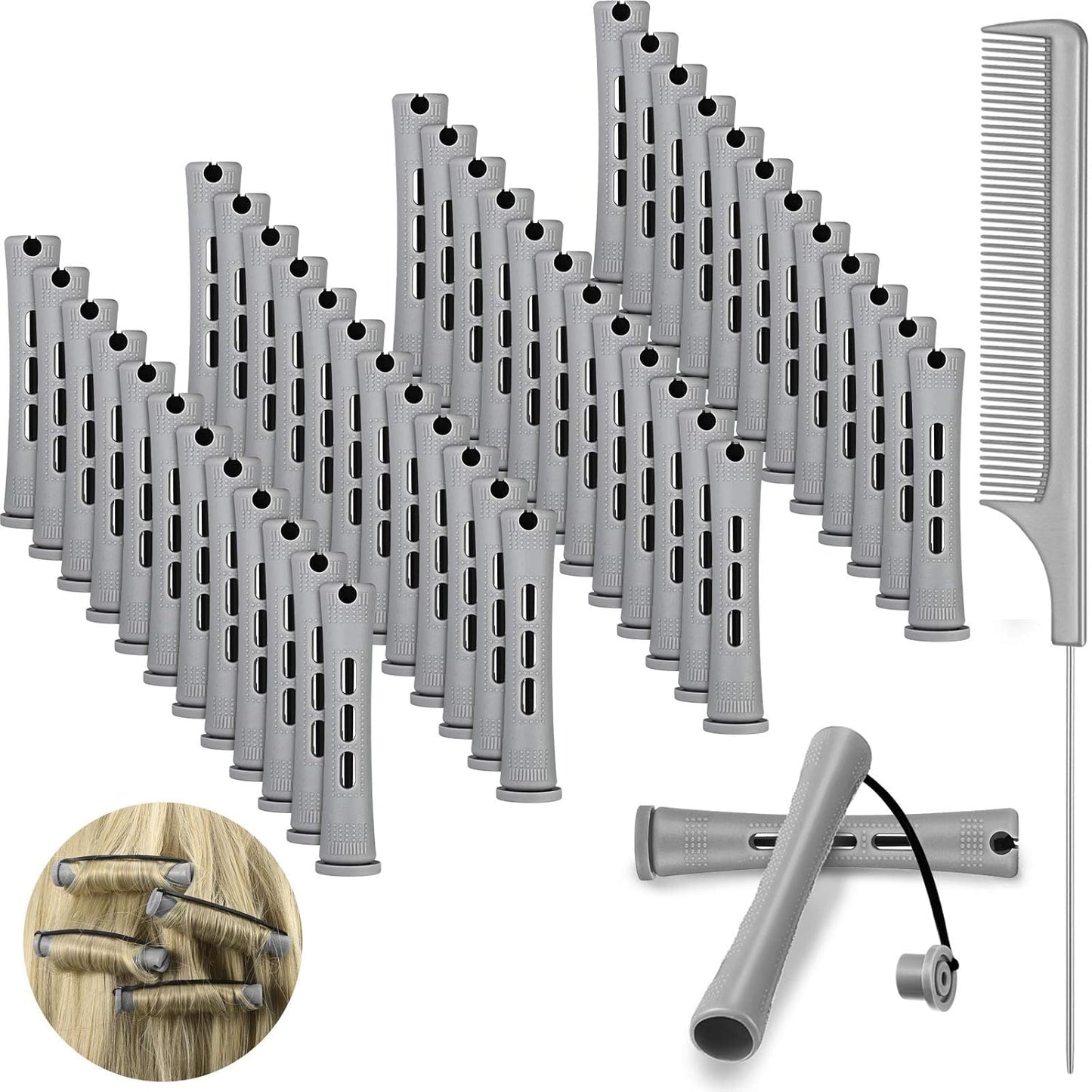 48 Pieces Hair Perm Rods Short Cold Wave Rods Plastic Perming Irons Hair Curling Rollers Curlers with Steel Pintail Comb Rat Tail Comb for Hairdressing Styling Supplies(0.59 Inch,Gray)