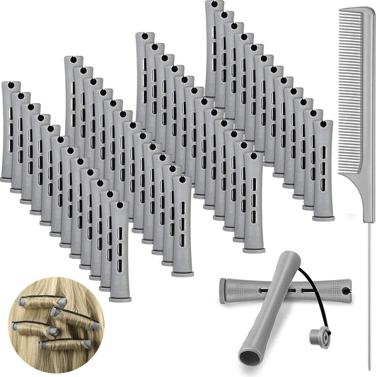 48 Pieces Hair Perm Rods Short Cold Wave Rods Plastic Perming Irons Hair Curling Rollers Curlers with Steel Pintail Comb Rat Tail Comb for Hairdressing Styling Supplies(0.59 Inch,Gray)