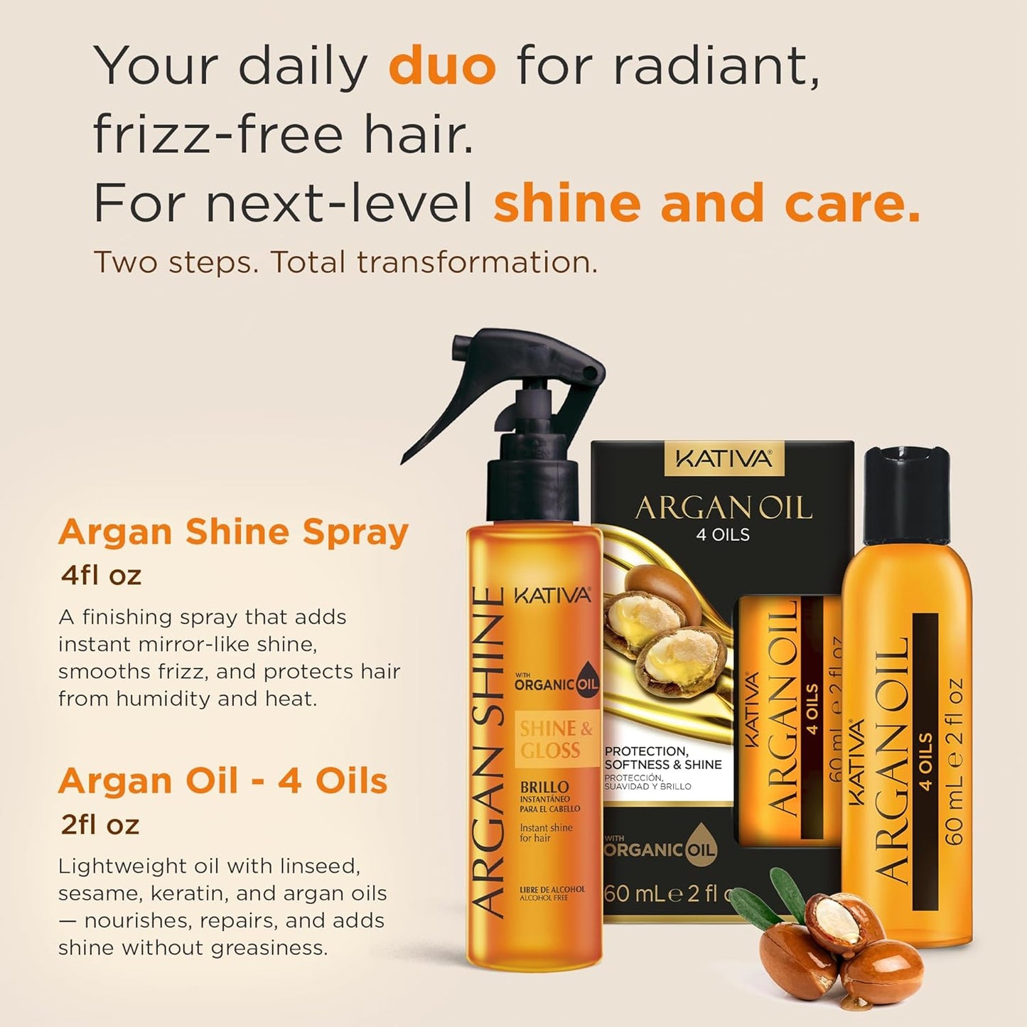 Bundle Argan Shine Hair Treatment 4 oz + Argan Oil 2 oz (2 Pack) – Organic Argan Oil for Intense Shine, Smoothness & Hair Protection