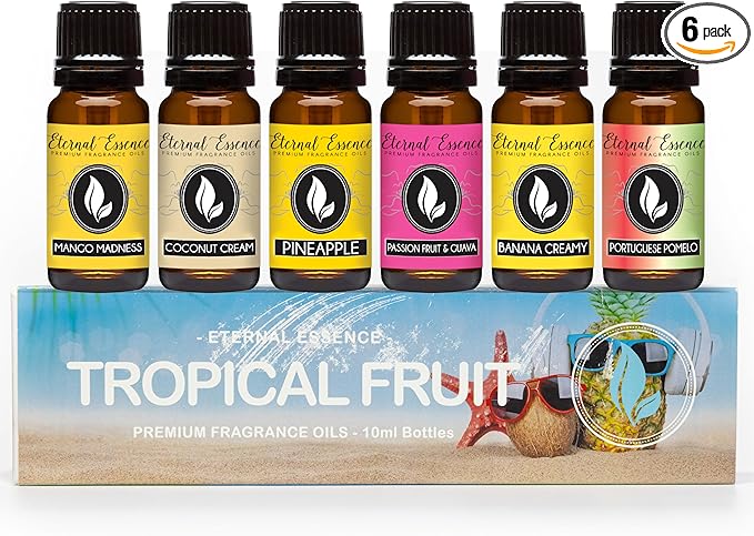 Eternal Essence Oils Tropical Fruit Set of 6 Premium Fragrance Oils - Includes Mango, Coconut Cream, Pineapple, Passion Fruit & Guava, Banana and Portuguese Pomelo Scented Oils - 10ML