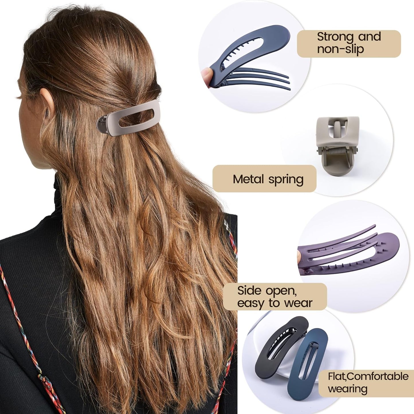 8 Pcs Large Lay Flat Claw Clips for Women French Side Slide Barrettes for Thin Fine Hair Rectangle Alligator Hair Accessories,Matte Khaki Purple Blue Black