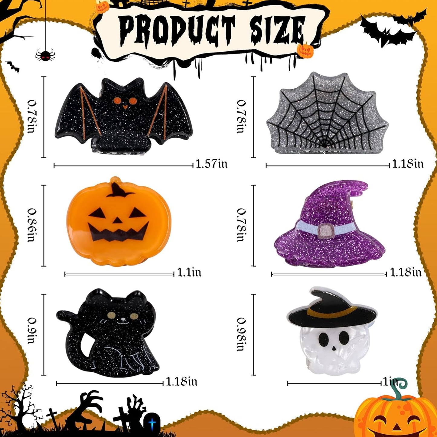 Mini Halloween Hair Clip -12PC Small Claw Clips Pumpkin Ghost Bat Spider Shape Hair Claw for Girls, Cute Hair Accessories (mini-Halloween hair clips)